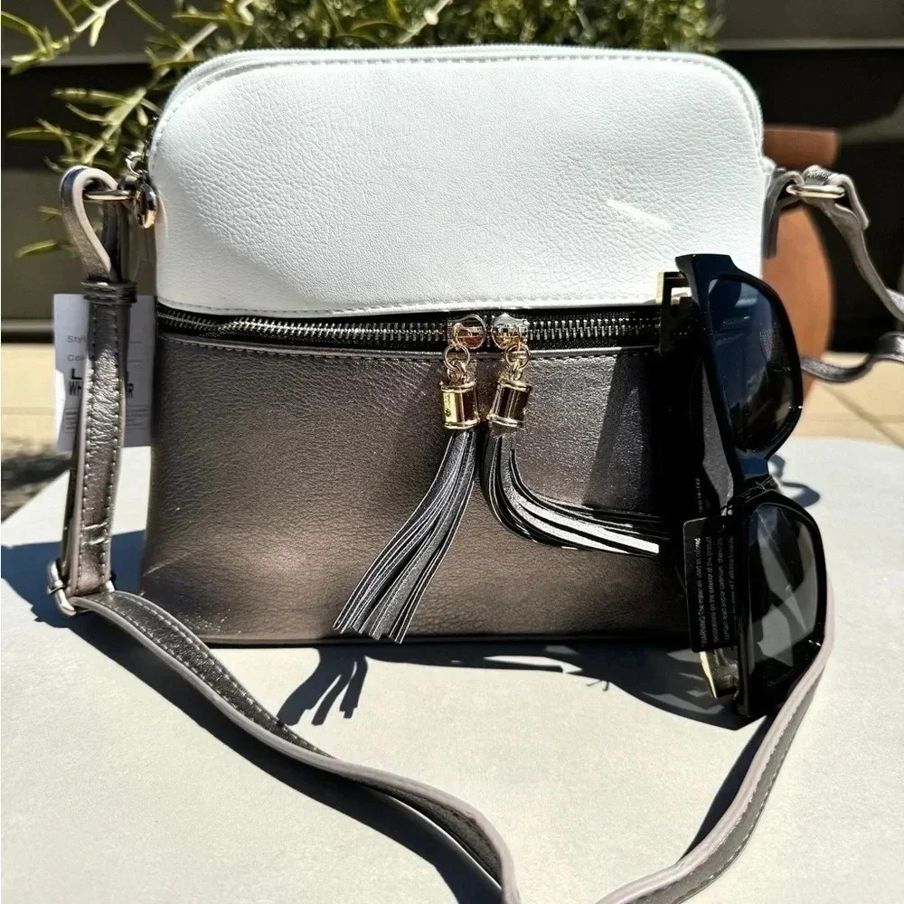 NWT Crossbody Tassel Zipper Puller Accent Two Tone Bag WHITE - Picture 13 of 13